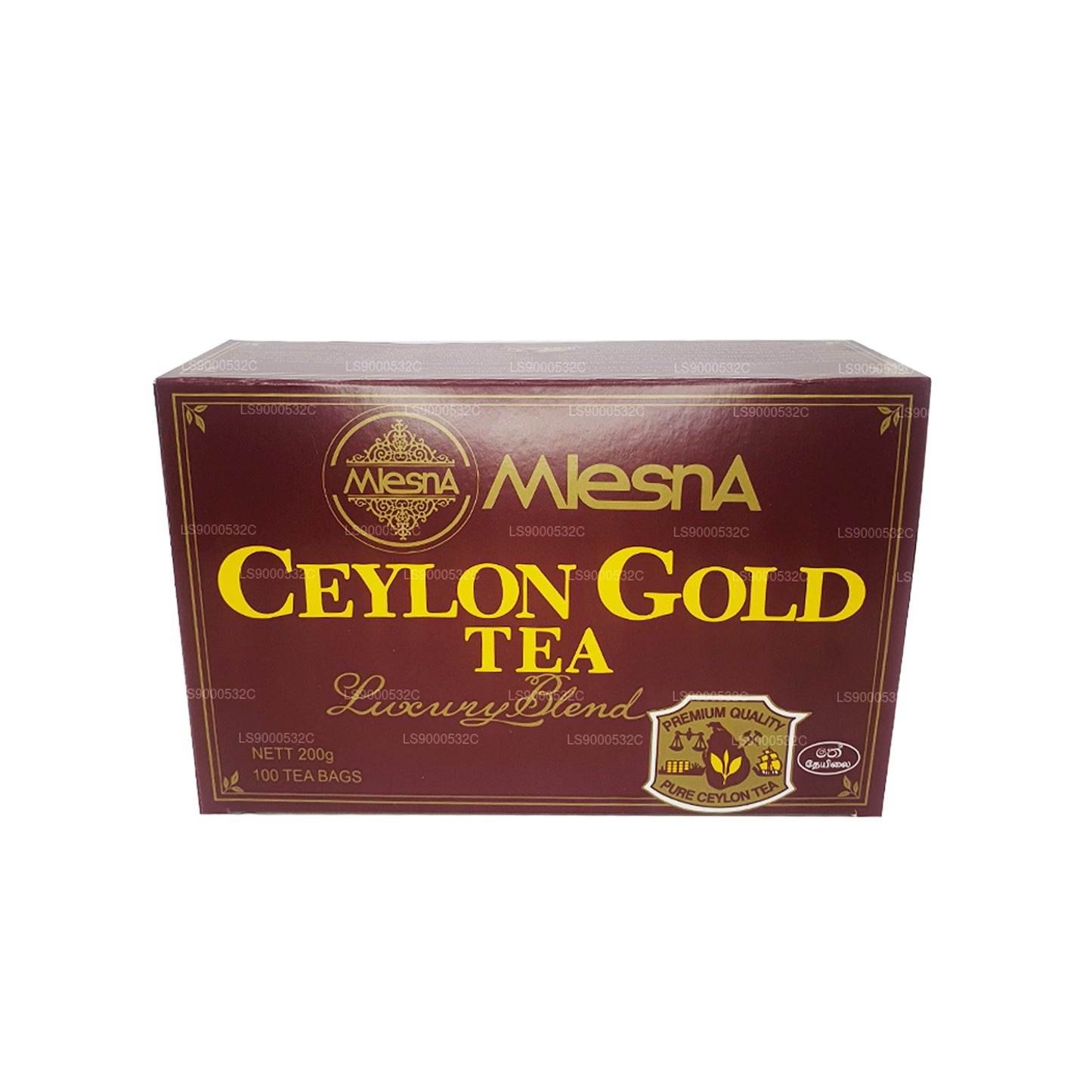 Mlesna Tea Ceylon Gold 100 Teebeutel (200 g) mit Band und Etikett