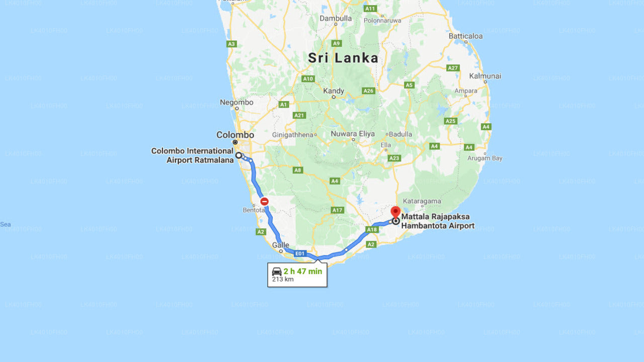 Privater Stadttransfer vom Flughafen Colombo (CMB) zum Flughafen Mattala (HRI).