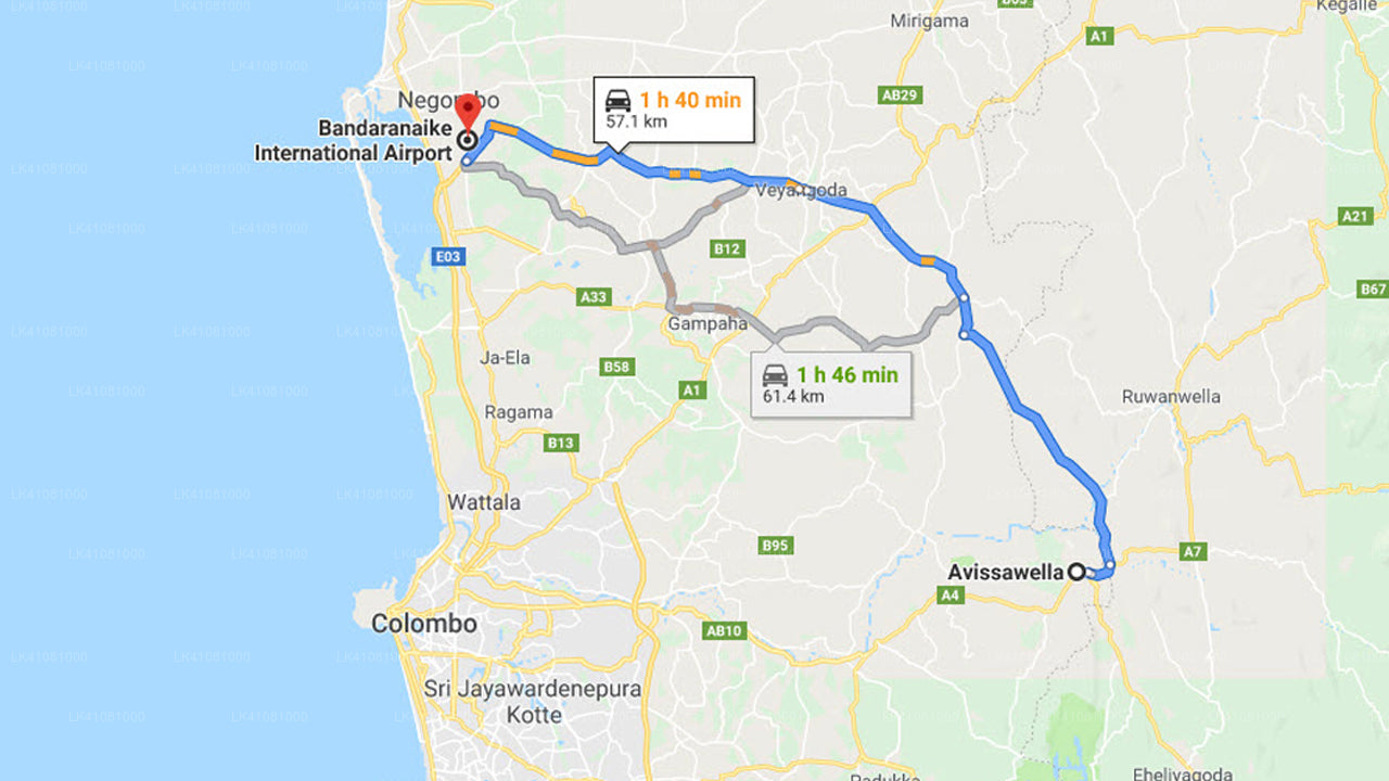 Privater Transfer von Avissawella City zum Flughafen Colombo (CMB).