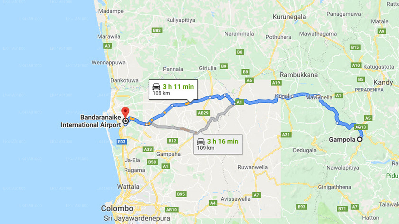 Privater Transfer von Gampola City zum Flughafen Colombo (CMB).