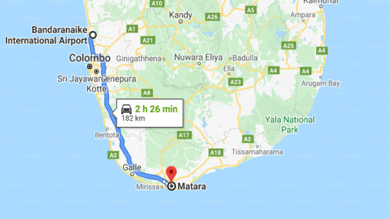 Transfer zwischen dem Flughafen Colombo (CMB) und dem Talalla Retreat, Matara