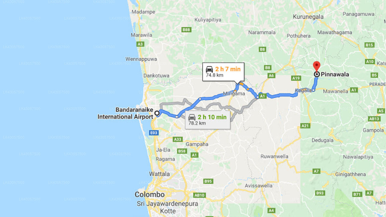 Transfer zwischen dem Flughafen Colombo (CMB) und dem Hotel Elephant Park, Pinnawala