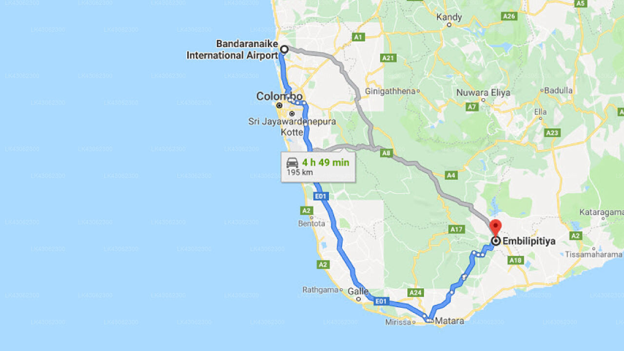 Transfer zwischen dem Flughafen Colombo (CMB) und dem Centauria Lake Resort, Embilipitiya