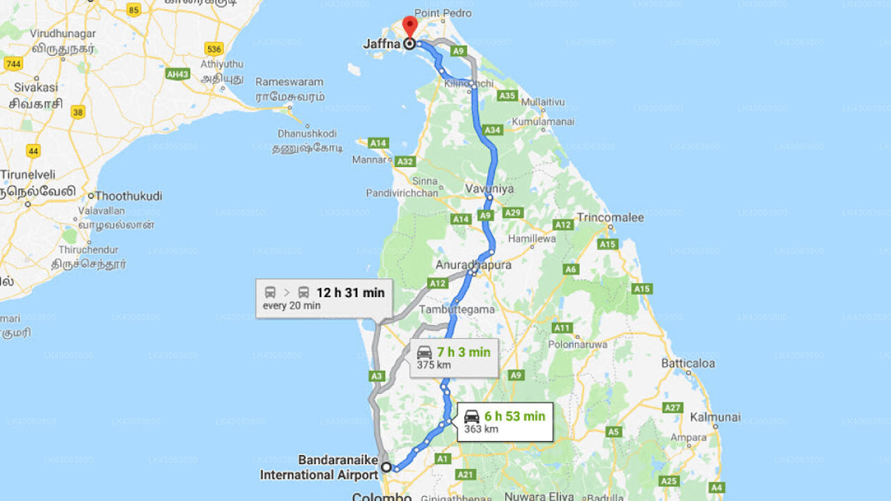 Transfer zwischen dem Flughafen Colombo (CMB) und Blue Haven, Jaffna