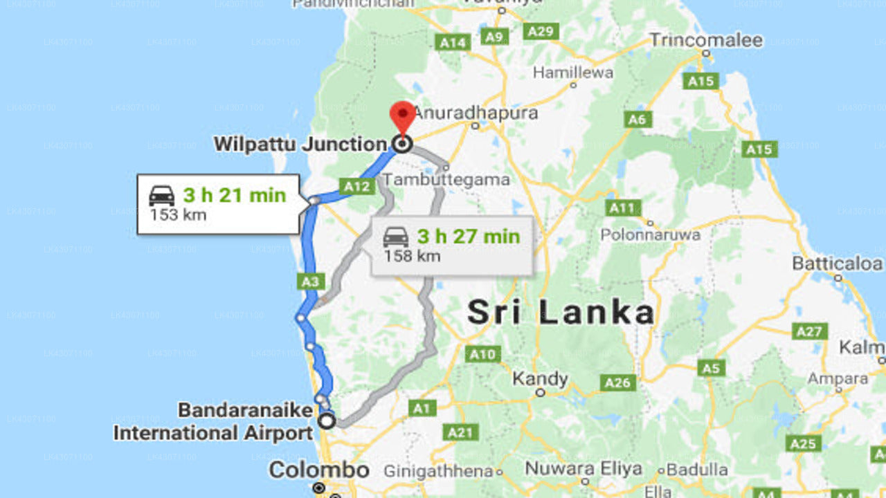 Transfer zwischen dem Flughafen Colombo (CMB) und dem Governors Camp Bungalow, Wilpattu