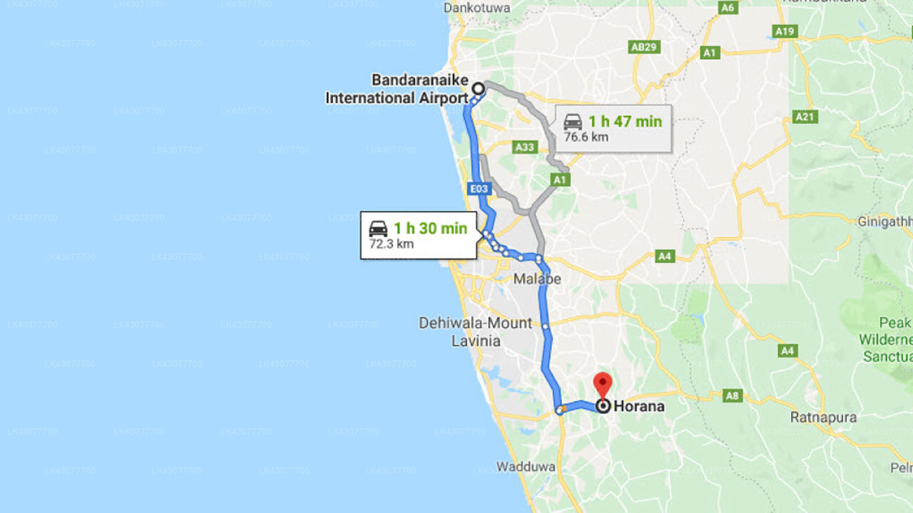 Transfer zwischen dem Flughafen Colombo (CMB) und der Governors River Lodge Horana, Horana