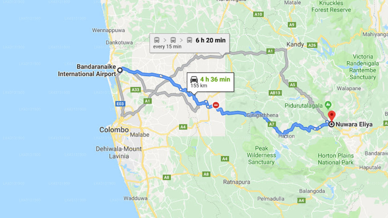 Transfer zwischen dem Flughafen Colombo (CMB) und dem Oasis Bungalow, Nuwara Eliya