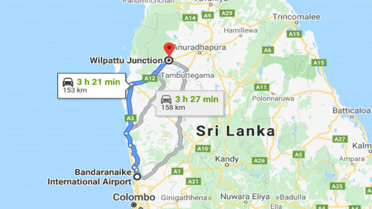 Transfer zwischen dem Flughafen Colombo (CMB) und dem Aanawila Bungalow, Wilpattu