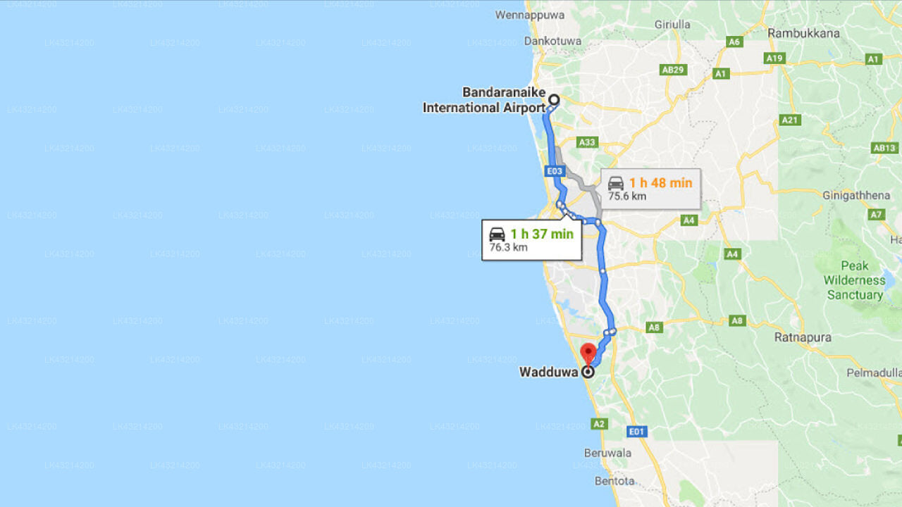 Transfer zwischen dem Flughafen Colombo (CMB) und dem Purple Coot Ayurveda Retreat, Wadduwa