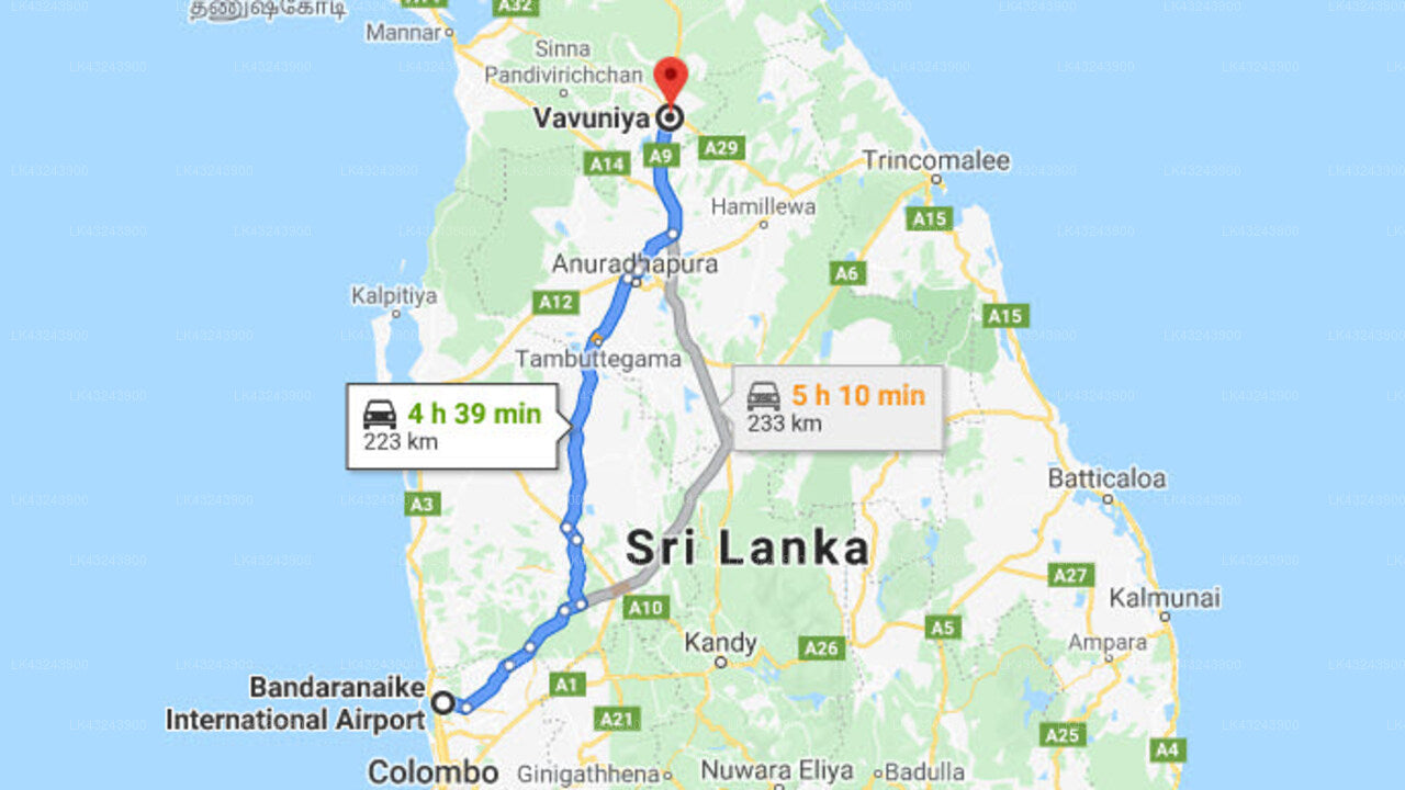 Transfer zwischen dem Flughafen Colombo (CMB) und dem Hotel Oviya, Vavuniya