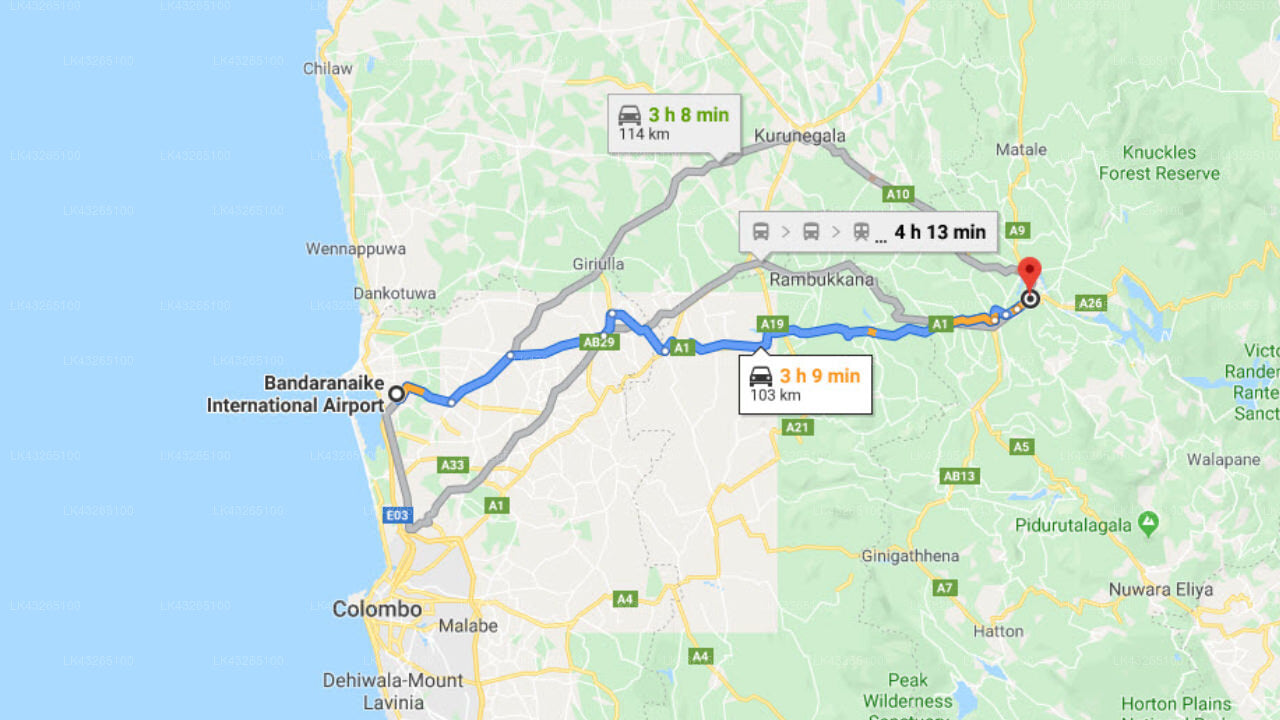 Transfer zwischen dem Flughafen Colombo (CMB) und dem Kandy Hill Bungalow, Kandy