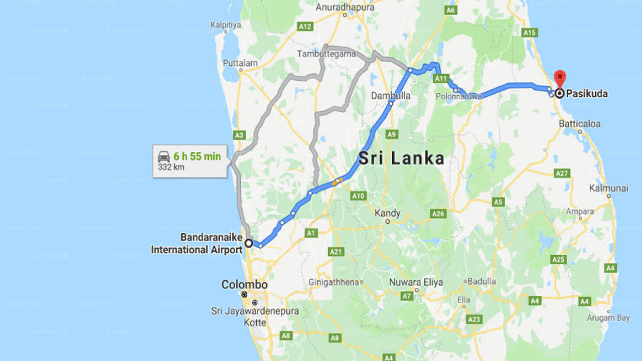 Transfer zwischen dem Flughafen Colombo (CMB) und dem Nirmaa Shadow Inn, Pasikuda